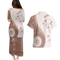 Bula Fiji Couples Matching Puletasi and Hawaiian Shirt Brown Plumeria Masi Tapa Pattern LT05 - Polynesian Pride