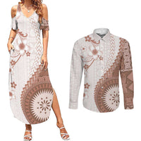 Bula Fiji Couples Matching Summer Maxi Dress and Long Sleeve Button Shirt Brown Plumeria Masi Tapa Pattern LT05 Brown - Polynesian Pride
