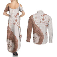 Bula Fiji Couples Matching Summer Maxi Dress and Long Sleeve Button Shirt Brown Plumeria Masi Tapa Pattern LT05 - Polynesian Pride