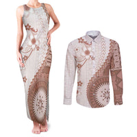 Bula Fiji Couples Matching Tank Maxi Dress and Long Sleeve Button Shirt Brown Plumeria Masi Tapa Pattern LT05 Brown - Polynesian Pride