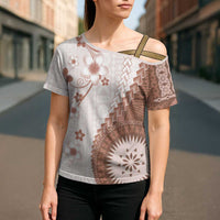 Bula Fiji Cross Shoulder Shirt Brown Plumeria Masi Tapa Pattern LT05 - Polynesian Pride