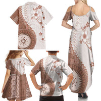 Bula Fiji Family Matching Summer Maxi Dress and Hawaiian Shirt Brown Plumeria Masi Tapa Pattern - Polynesian Pride