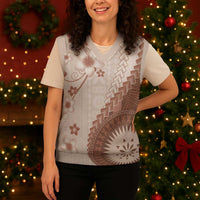 Bula Fiji Christmas Knitted V-Neck Vest Brown Plumeria Masi Tapa Pattern - Polynesian Pride