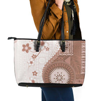 Bula Fiji Leather Tote Bag Brown Plumeria Masi Tapa Pattern - Polynesian Pride