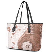 Bula Fiji Leather Tote Bag Brown Plumeria Masi Tapa Pattern - Polynesian Pride