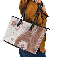 Bula Fiji Leather Tote Bag Brown Plumeria Masi Tapa Pattern - Polynesian Pride