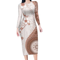 Bula Fiji Long Sleeve Bodycon Dress Brown Plumeria Masi Tapa Pattern - Polynesian Pride