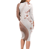 Bula Fiji Long Sleeve Bodycon Dress Brown Plumeria Masi Tapa Pattern - Polynesian Pride