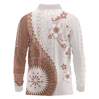 Bula Fiji Long Sleeve Polo Shirt Brown Plumeria Masi Tapa Pattern LT05 - Polynesian Pride