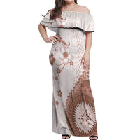 Bula Fiji Off Shoulder Maxi Dress Brown Plumeria Masi Tapa Pattern - Polynesian Pride