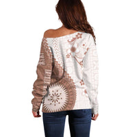 Bula Fiji Off Shoulder Sweater Brown Plumeria Masi Tapa Pattern - Polynesian Pride