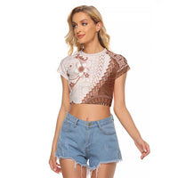 Bula Fiji Raglan Cropped T Shirt Brown Plumeria Masi Tapa Pattern LT05 Female Brown - Polynesian Pride