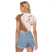 Bula Fiji Raglan Cropped T Shirt Brown Plumeria Masi Tapa Pattern LT05 - Polynesian Pride