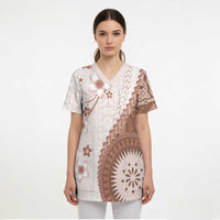 Bula Fiji Scrub Top Brown Plumeria Masi Tapa Pattern LT05 - Polynesian Pride