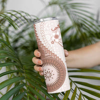 Bula Fiji Skinny Tumbler Brown Plumeria Masi Tapa Pattern - Polynesian Pride
