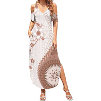 Bula Fiji Summer Maxi Dress Brown Plumeria Masi Tapa Pattern LT05 Women Brown - Polynesian Pride