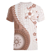Bula Fiji Women V-Neck T-Shirt Brown Plumeria Masi Tapa Pattern LT05 - Polynesian Pride