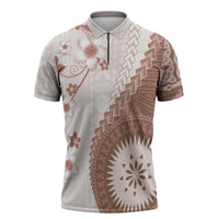 Bula Fiji Zipper Polo Shirt Brown Plumeria Masi Tapa Pattern LT05 Brown - Polynesian Pride