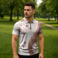 Bula Fiji Zipper Polo Shirt Brown Plumeria Masi Tapa Pattern LT05 - Polynesian Pride