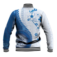 Bula Fiji Baseball Jacket Blue Plumeria Masi Tapa Pattern LT05 - Polynesian Pride