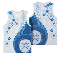 Bula Fiji Basketball Jersey Blue Plumeria Masi Tapa Pattern - Polynesian Pride