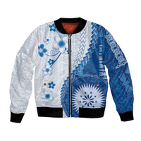 Bula Fiji Bomber Jacket Blue Plumeria Masi Tapa Pattern - Polynesian Pride