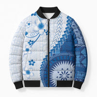 Bula Fiji Bomber Puffer Jacket Blue Plumeria Masi Tapa Pattern - Polynesian Pride
