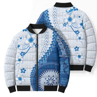 Bula Fiji Bomber Puffer Jacket Blue Plumeria Masi Tapa Pattern - Polynesian Pride