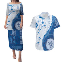 Bula Fiji Couples Matching Puletasi and Hawaiian Shirt Blue Plumeria Masi Tapa Pattern LT05 Blue - Polynesian Pride