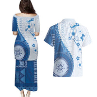 Bula Fiji Couples Matching Puletasi and Hawaiian Shirt Blue Plumeria Masi Tapa Pattern LT05 - Polynesian Pride