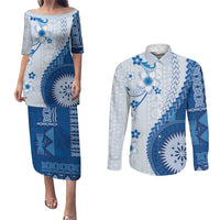Bula Fiji Couples Matching Puletasi and Long Sleeve Button Shirt Blue Plumeria Masi Tapa Pattern LT05 Blue - Polynesian Pride