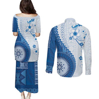 Bula Fiji Couples Matching Puletasi and Long Sleeve Button Shirt Blue Plumeria Masi Tapa Pattern LT05 - Polynesian Pride