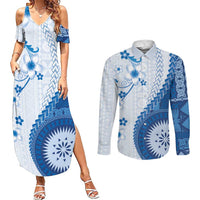 Bula Fiji Couples Matching Summer Maxi Dress and Long Sleeve Button Shirt Blue Plumeria Masi Tapa Pattern LT05 Blue - Polynesian Pride