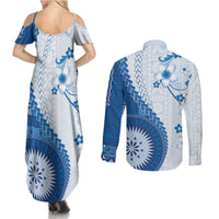 Bula Fiji Couples Matching Summer Maxi Dress and Long Sleeve Button Shirt Blue Plumeria Masi Tapa Pattern LT05 - Polynesian Pride