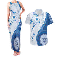 Bula Fiji Couples Matching Tank Maxi Dress and Hawaiian Shirt Blue Plumeria Masi Tapa Pattern - Polynesian Pride