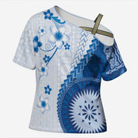 Bula Fiji Cross Shoulder Shirt Blue Plumeria Masi Tapa Pattern LT05 Female Blue - Polynesian Pride