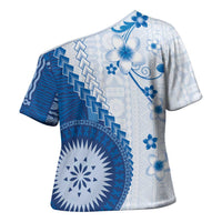 Bula Fiji Cross Shoulder Shirt Blue Plumeria Masi Tapa Pattern LT05 - Polynesian Pride
