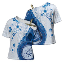 Bula Fiji Cross Shoulder Shirt Blue Plumeria Masi Tapa Pattern LT05 - Polynesian Pride