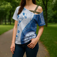 Bula Fiji Cross Shoulder Shirt Blue Plumeria Masi Tapa Pattern LT05 - Polynesian Pride