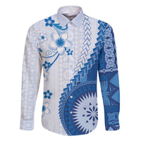 Bula Fiji Family Matching Long Sleeve Bodycon Dress and Hawaiian Shirt Blue Plumeria Masi Tapa Pattern - Polynesian Pride