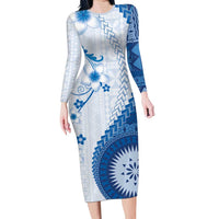 Bula Fiji Family Matching Long Sleeve Bodycon Dress and Hawaiian Shirt Blue Plumeria Masi Tapa Pattern - Polynesian Pride