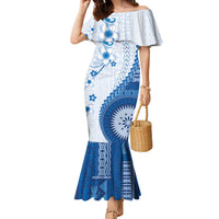 Bula Fiji Family Matching Mermaid Dress and Hawaiian Shirt Blue Plumeria Masi Tapa Pattern - Polynesian Pride