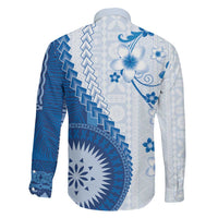 Bula Fiji Family Matching Off The Shoulder Long Sleeve Dress and Hawaiian Shirt Blue Plumeria Masi Tapa Pattern - Polynesian Pride