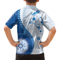 Bula Fiji Family Matching Off Shoulder Maxi Dress and Hawaiian Shirt Blue Plumeria Masi Tapa Pattern - Polynesian Pride