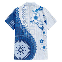 Bula Fiji Family Matching Off Shoulder Maxi Dress and Hawaiian Shirt Blue Plumeria Masi Tapa Pattern - Polynesian Pride