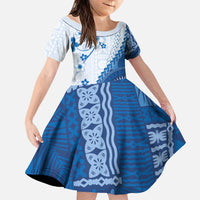 Bula Fiji Family Matching Off Shoulder Short Dress and Hawaiian Shirt Blue Plumeria Masi Tapa Pattern - Polynesian Pride