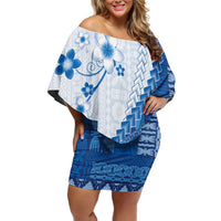 Bula Fiji Family Matching Off Shoulder Short Dress and Hawaiian Shirt Blue Plumeria Masi Tapa Pattern - Polynesian Pride