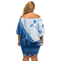 Bula Fiji Family Matching Off Shoulder Short Dress and Hawaiian Shirt Blue Plumeria Masi Tapa Pattern - Polynesian Pride