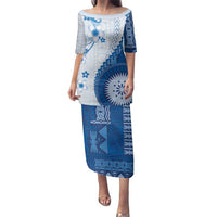 Bula Fiji Family Matching Puletasi and Hawaiian Shirt Blue Plumeria Masi Tapa Pattern - Polynesian Pride