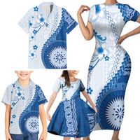 Bula Fiji Family Matching Short Sleeve Bodycon Dress and Hawaiian Shirt Blue Plumeria Masi Tapa Pattern - Polynesian Pride